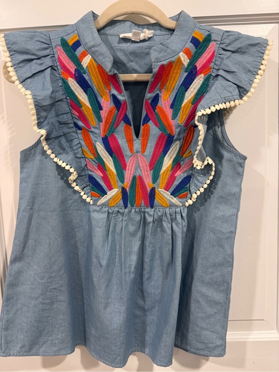 THML Tops - THML XS Light Blue Chambray Top with Multicolor Embroidery